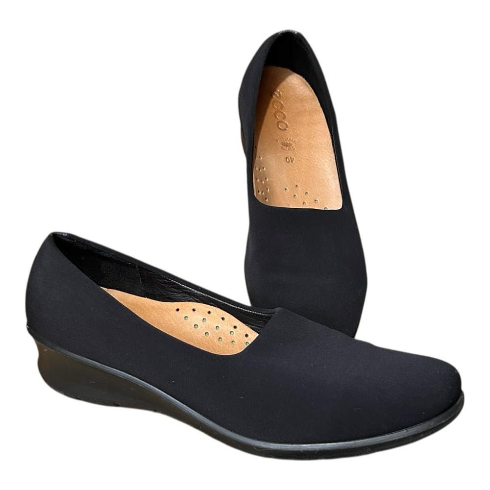 ECCO Felicia Black Slip On Wedge Loafer Women sz 9 Stretch Textile Comfort Shoe